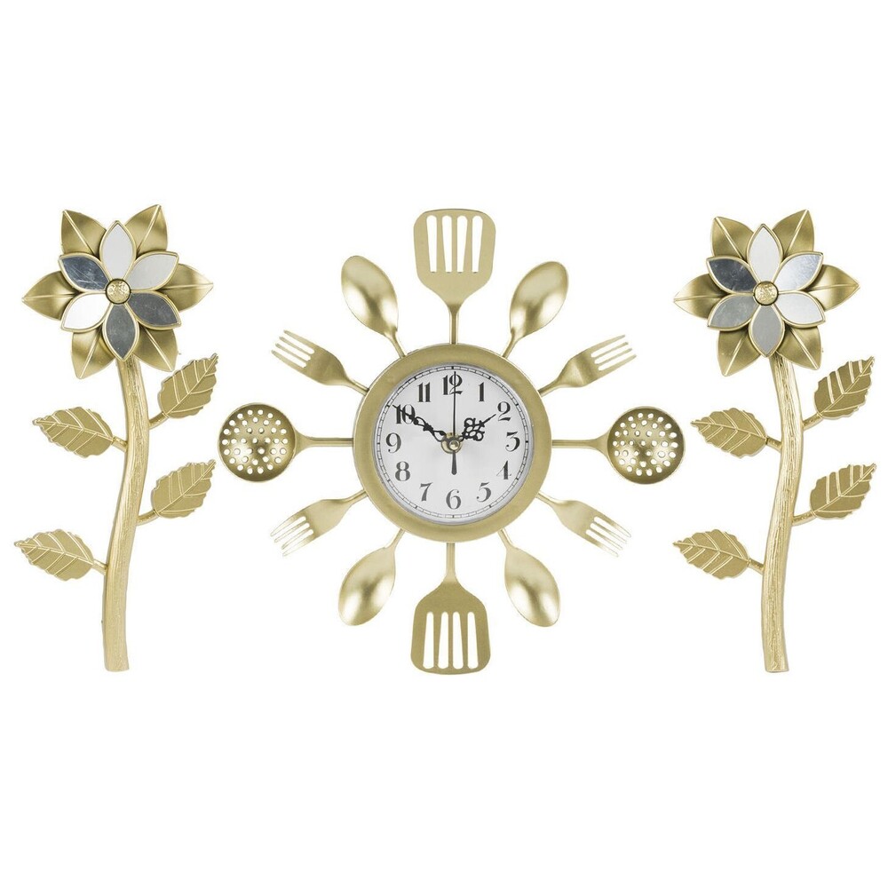 3pc Plastic Kitchen Wall Clock (5") & Decor. Set, GOLDEN FLOWERS & SILVERWARE,CE